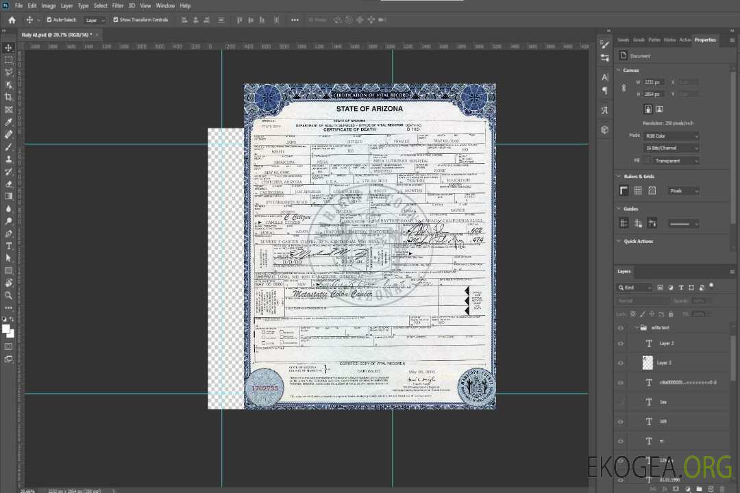 Modèle de certificat de décès de l'État américain de l'Arizona au format PSD, version 2 template
